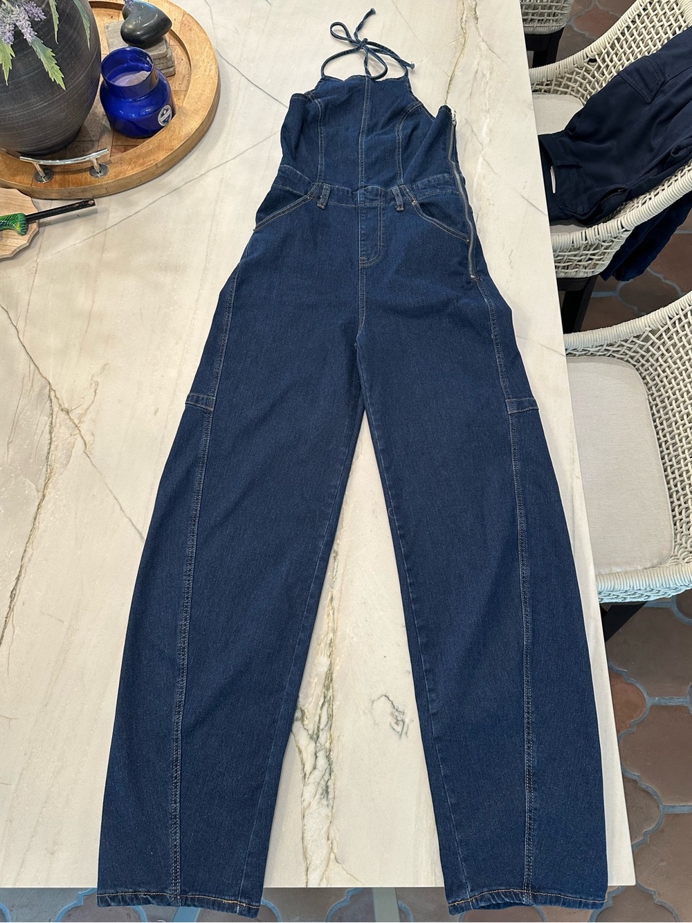Dark Blue Denim Halter Jumpsuit